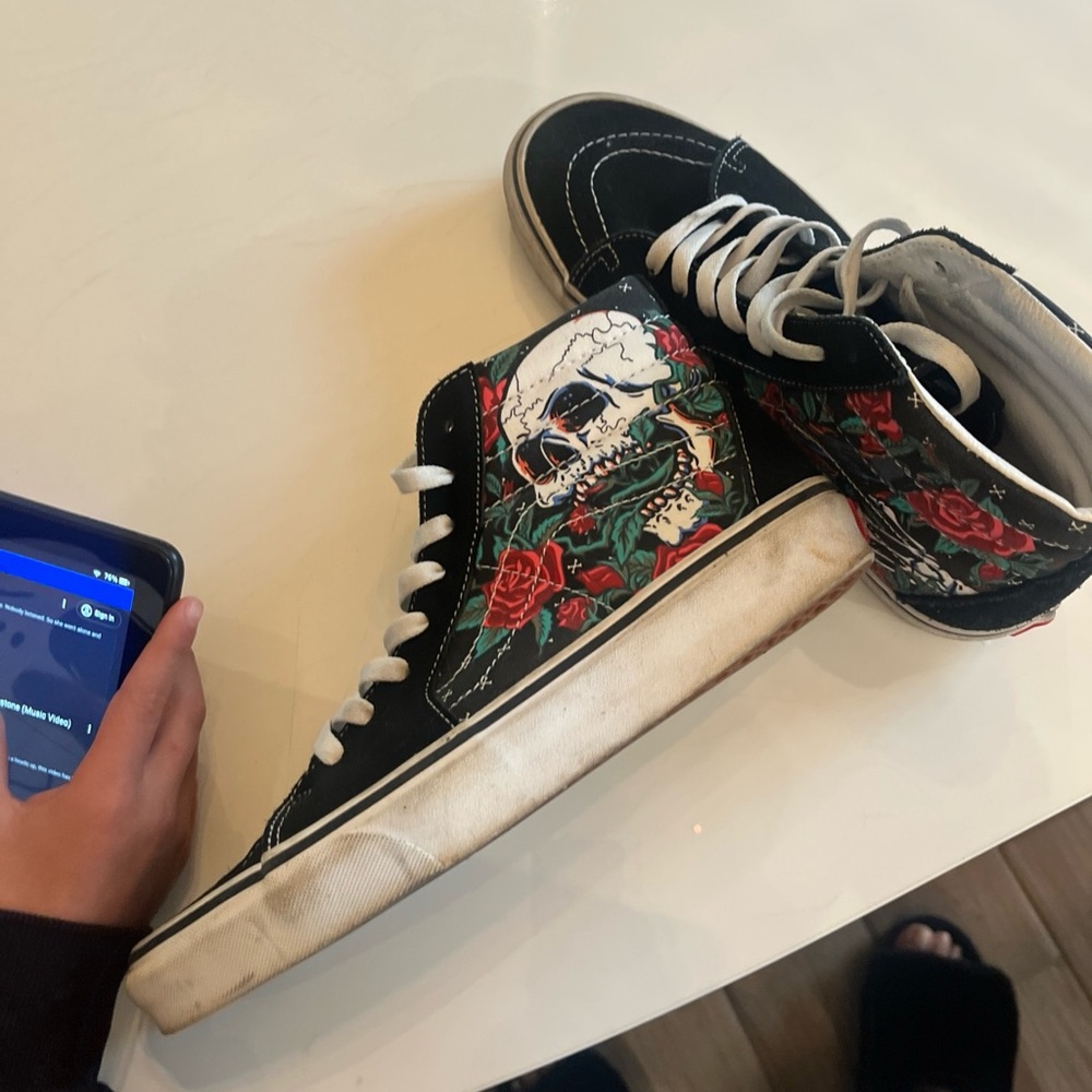 Vans Black and White Skull Rose Sneakers